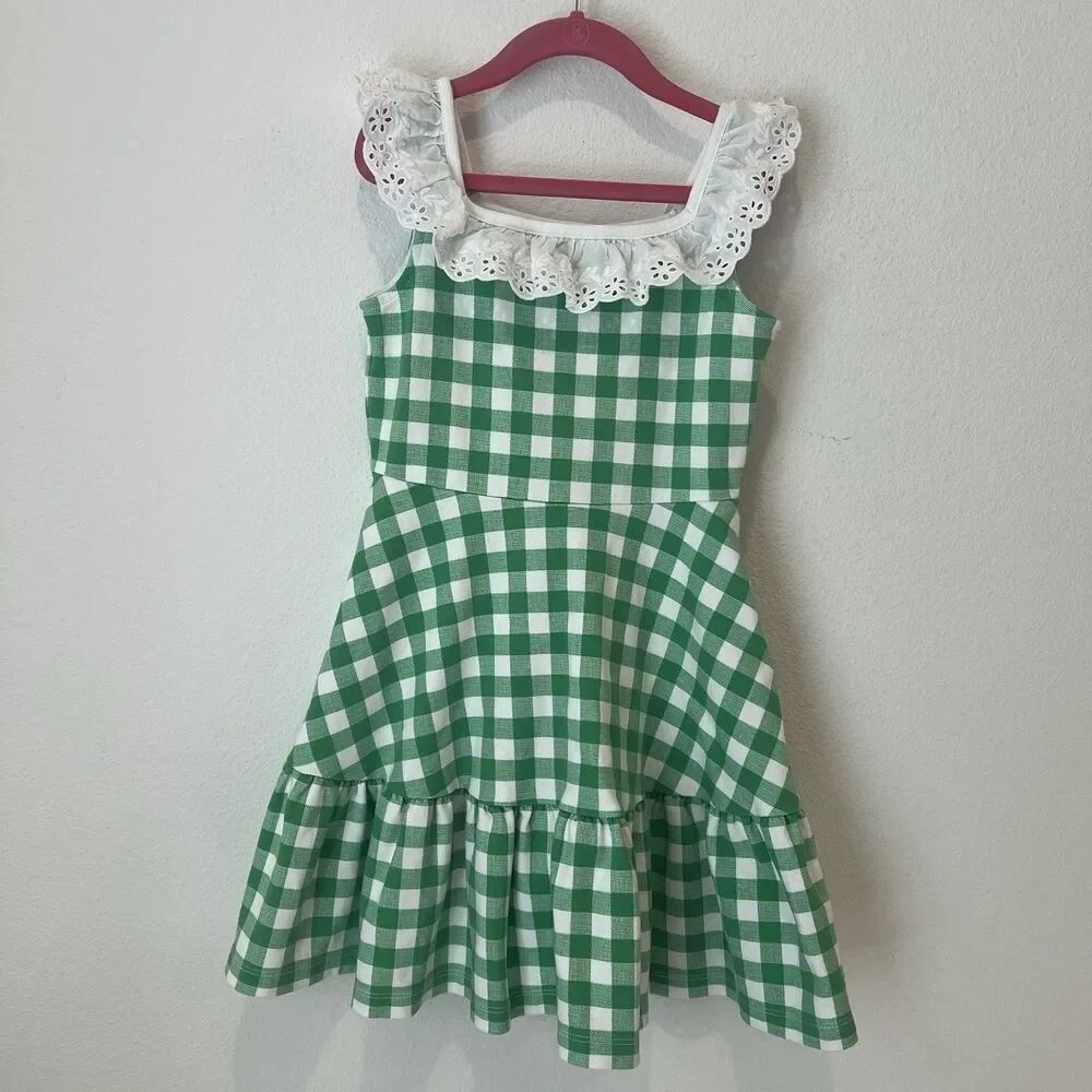 Janie and Jack Girls Kelly Green Gingham Eyelet Ruffle Ponte Dress Size 7 Preppy